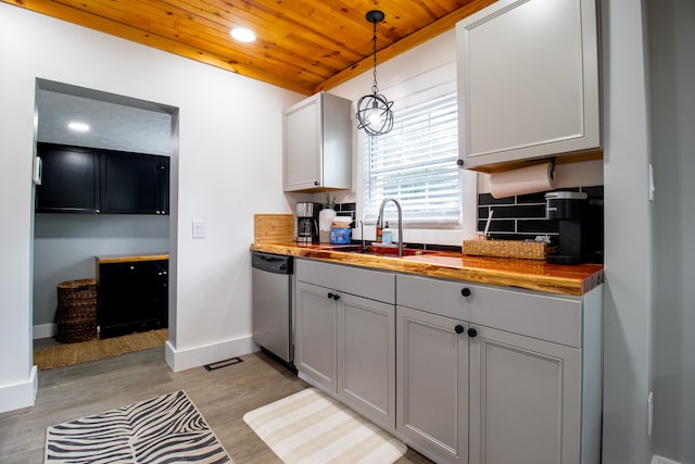 kitchen featuring pendant lighting, sink, stainless steel dishwasher, wooden ceiling, and butcher block counters