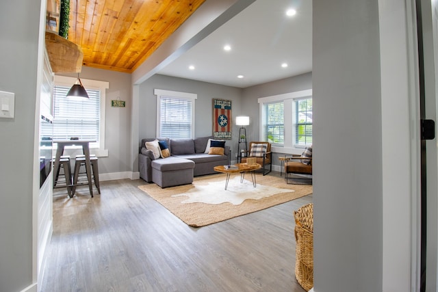 living room featuring wood-type flooring, wood ceiling, and a healthy amount of sunlight