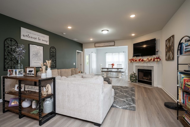 living room with a high end fireplace and wood-type flooring