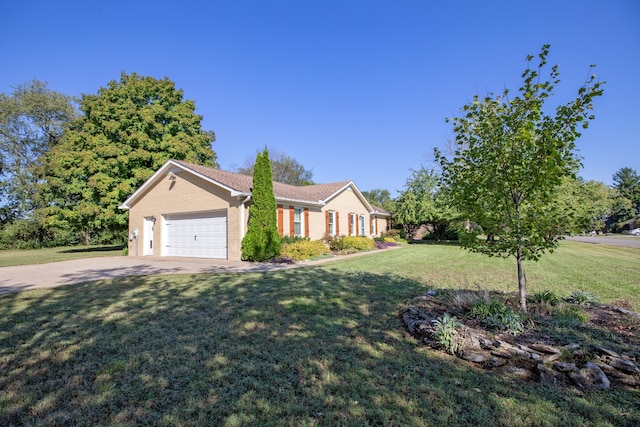 ranch-style home featuring a front yard and a garage