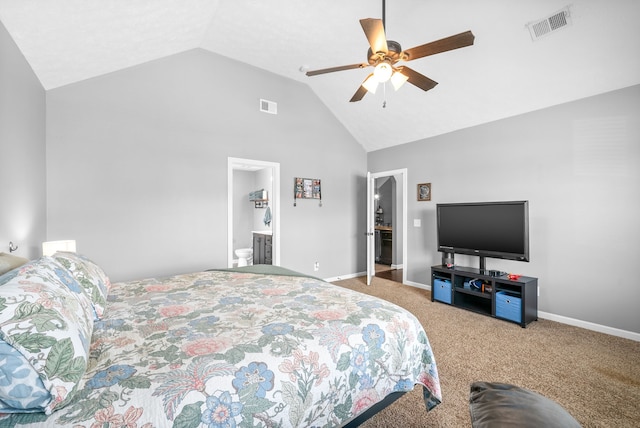 carpeted bedroom featuring ceiling fan, connected bathroom, and vaulted ceiling