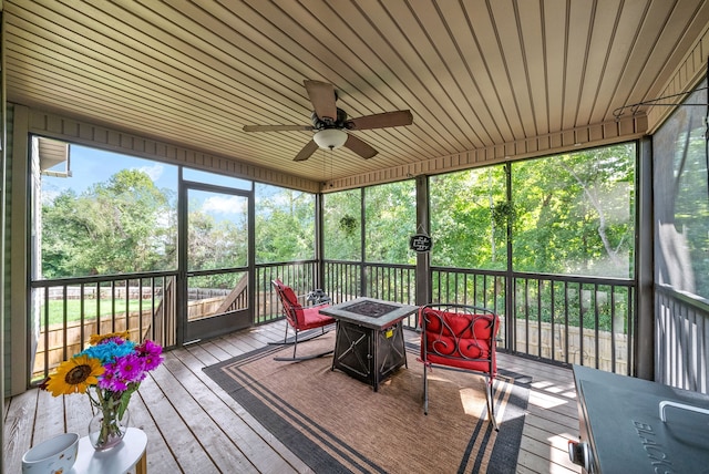 sunroom / solarium with wood ceiling and ceiling fan