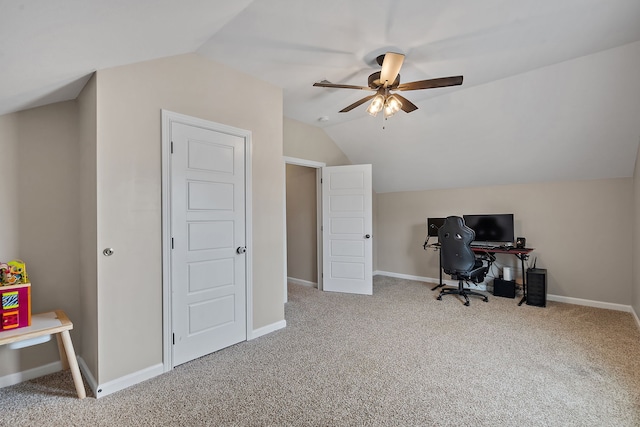 office space with carpet, vaulted ceiling, and ceiling fan