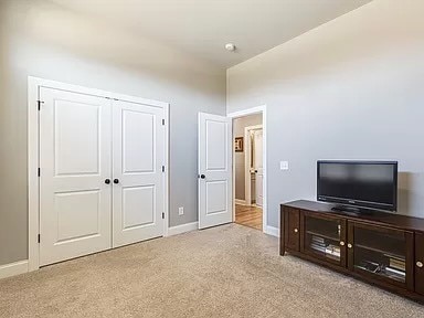 bedroom with light carpet and a closet