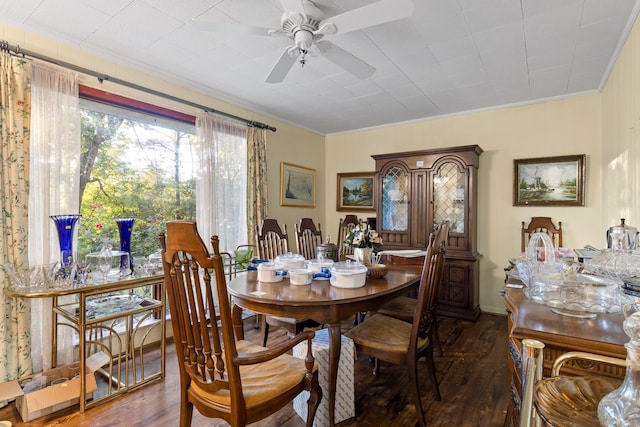 dining space featuring ornamental molding, ceiling fan, and hardwood / wood-style floors