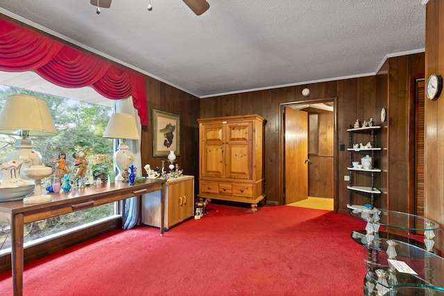 miscellaneous room featuring carpet, ornamental molding, and plenty of natural light