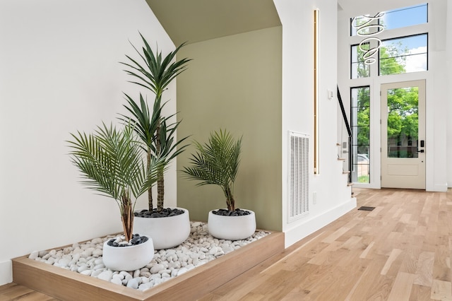 foyer featuring light wood-type flooring and a towering ceiling