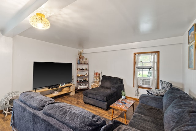 living room featuring wood-type flooring and cooling unit