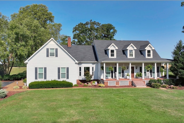 cape cod-style house featuring a front yard and covered porch