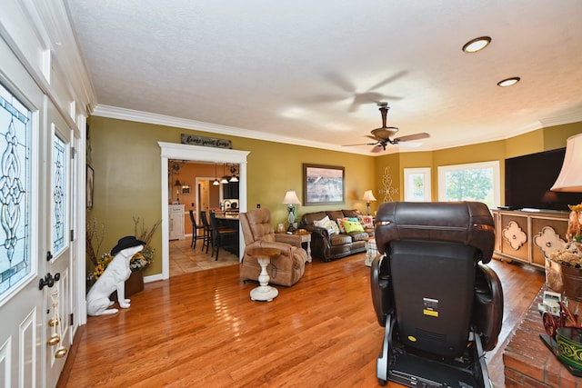 interior space featuring ceiling fan, ornamental molding, a textured ceiling, and hardwood / wood-style floors