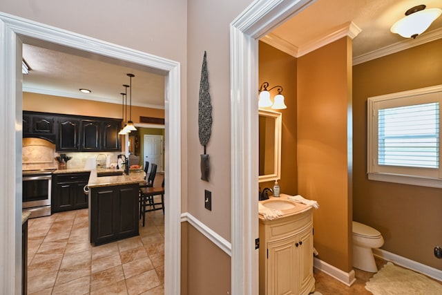 bathroom featuring ornamental molding, tile patterned flooring, tasteful backsplash, and toilet