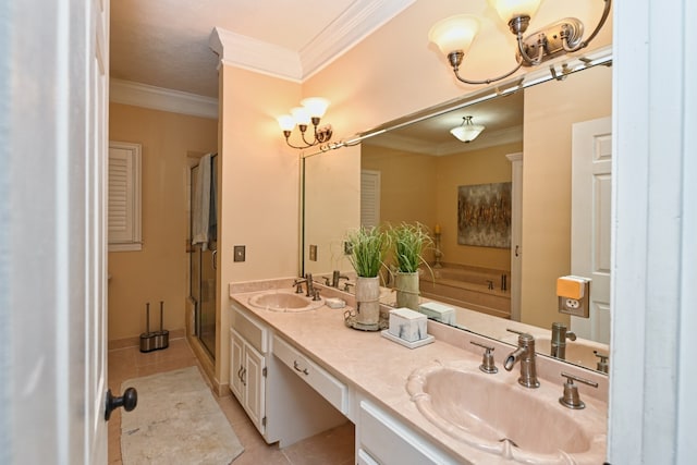 bathroom featuring ornamental molding, vanity, separate shower and tub, and tile patterned floors