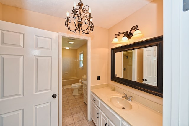 full bathroom with shower / washtub combination, vanity, toilet, a chandelier, and tile patterned floors