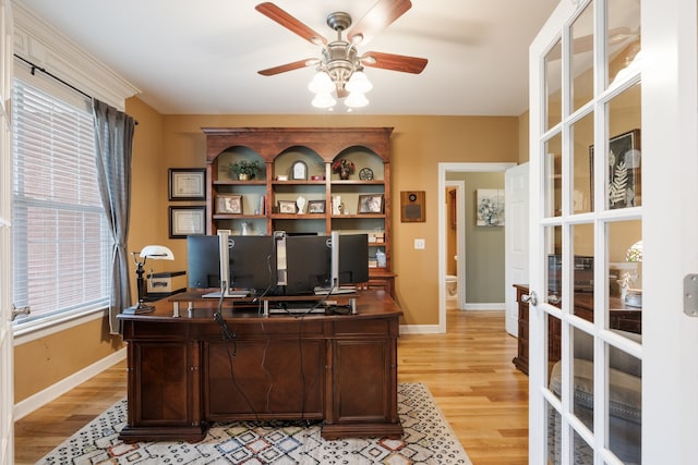 office space featuring ceiling fan, french doors, and light hardwood / wood-style floors