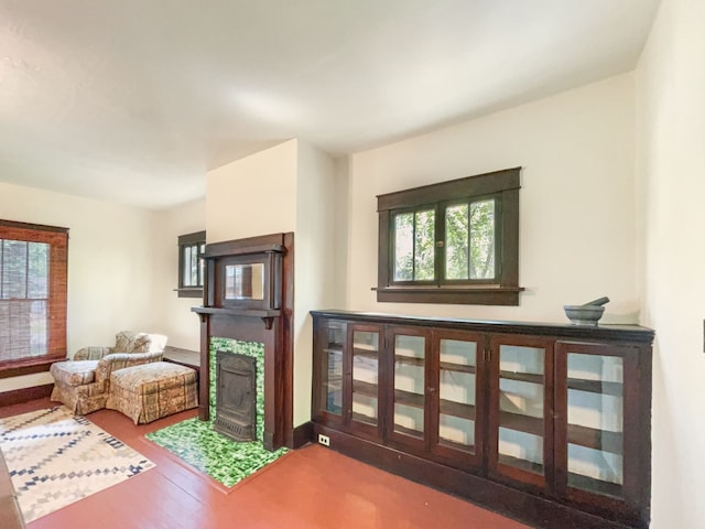 sitting room with a wood stove, hardwood / wood-style flooring, and plenty of natural light