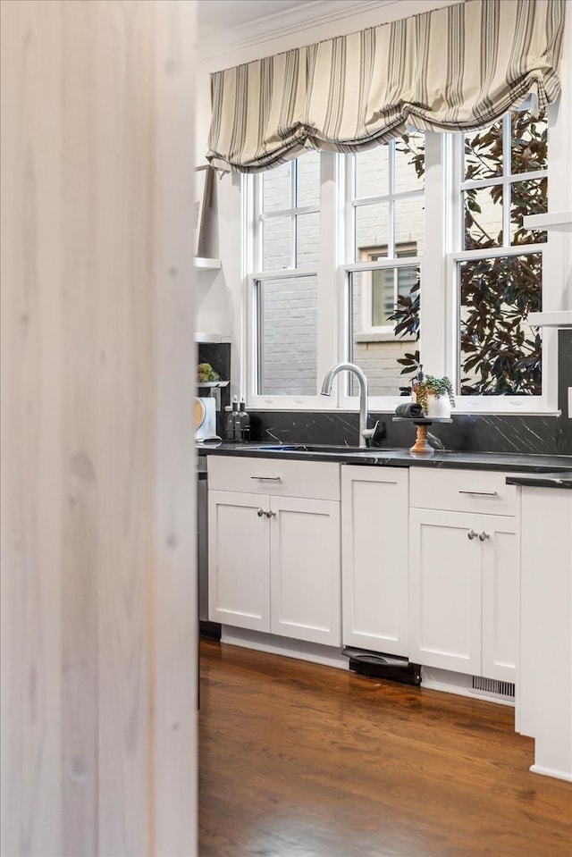 kitchen with white cabinetry, sink, and dark wood-type flooring