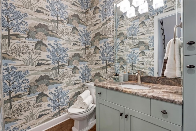 bathroom featuring hardwood / wood-style floors, vanity, and toilet