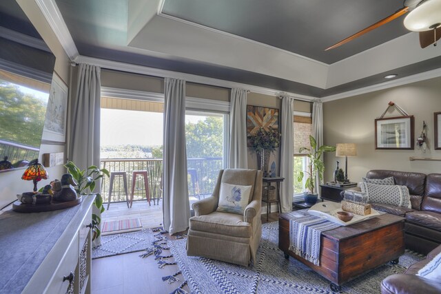 living room featuring crown molding, ceiling fan, and a raised ceiling