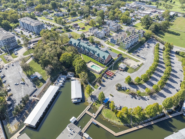 drone / aerial view featuring a water view