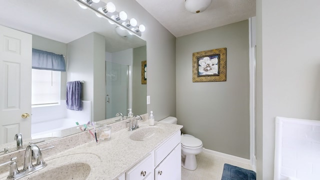 full bathroom featuring independent shower and bath, vanity, and toilet