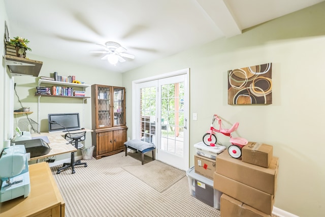 office featuring ceiling fan and carpet flooring