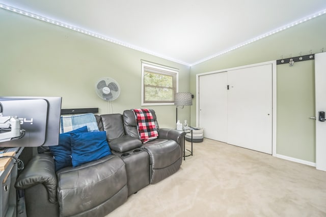 living room with light carpet, vaulted ceiling, and crown molding