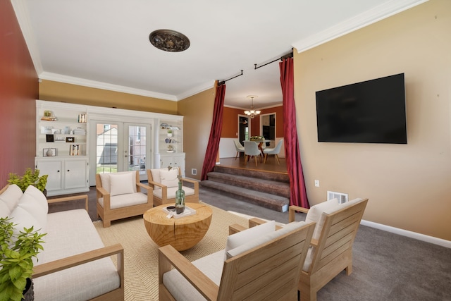 living room with french doors, crown molding, and an inviting chandelier