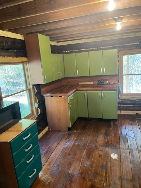 kitchen with green cabinets, a healthy amount of sunlight, and dark hardwood / wood-style flooring