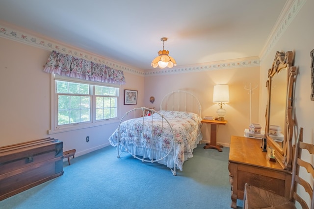 bedroom with carpet flooring, baseboards, and ornamental molding