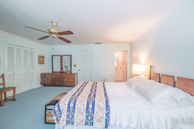 bedroom featuring crown molding, visible vents, ceiling fan, and carpet flooring