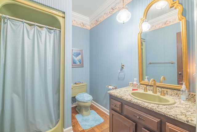 bathroom featuring vanity, wallpapered walls, curtained shower, crown molding, and toilet