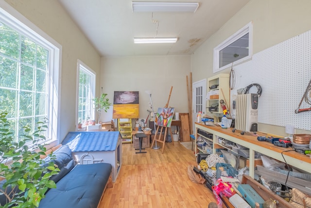 misc room with light wood-type flooring, plenty of natural light, and a workshop area