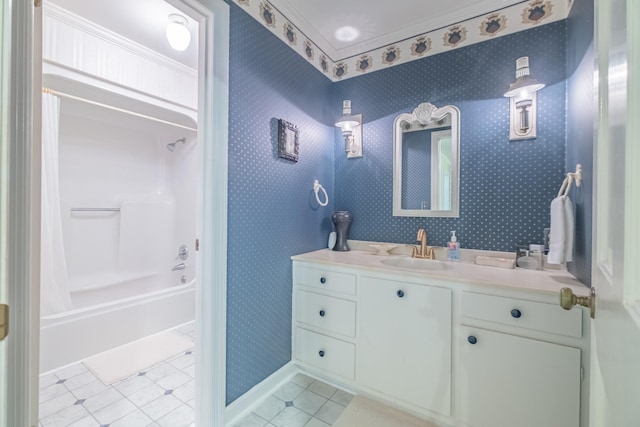 full bathroom with shower / tub combo, vanity, baseboards, wallpapered walls, and tile patterned floors
