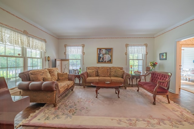 living room with crown molding and plenty of natural light