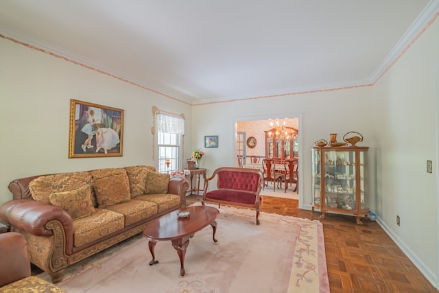 living room featuring parquet flooring, an inviting chandelier, and ornamental molding