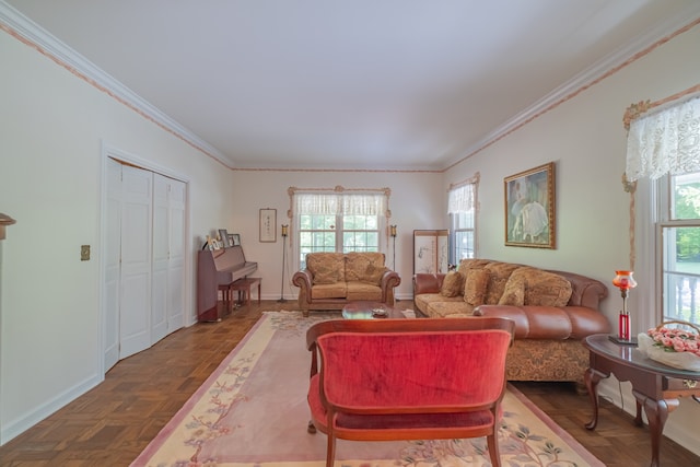 living room featuring crown molding and parquet flooring