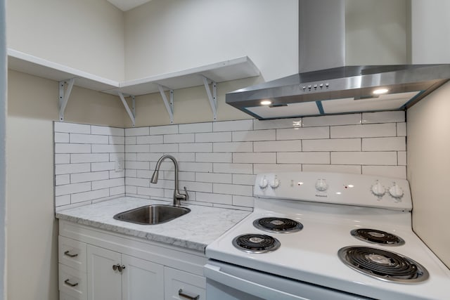 kitchen featuring white cabinets, sink, extractor fan, white electric range, and light stone countertops