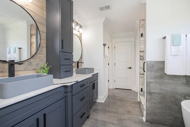 bathroom with crown molding, backsplash, vanity, and plus walk in shower