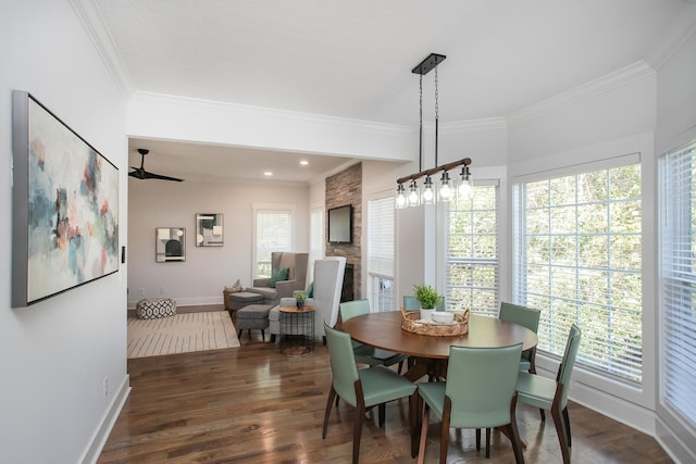 dining space with crown molding, dark hardwood / wood-style flooring, and a wealth of natural light