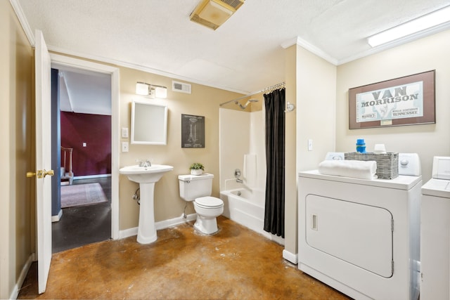 full bathroom with a textured ceiling, independent washer and dryer, shower / tub combo, concrete floors, and toilet