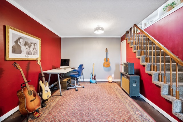 office featuring a textured ceiling and crown molding