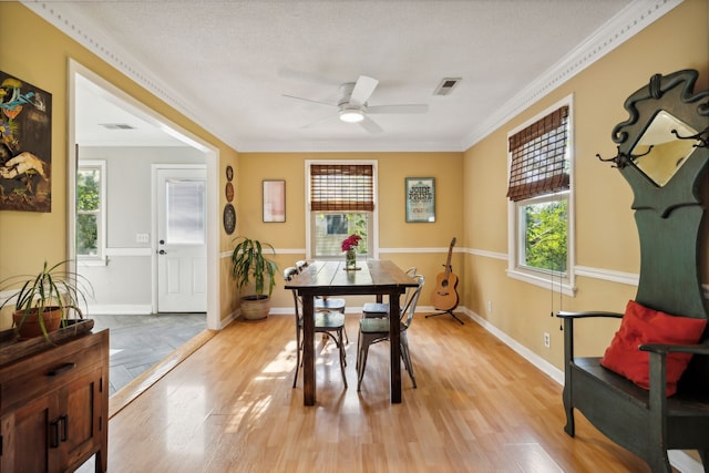 dining space with light hardwood / wood-style floors, ornamental molding, and plenty of natural light