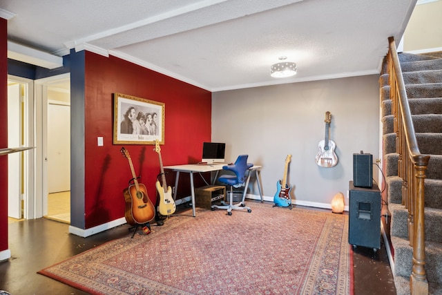 office featuring ornamental molding and a textured ceiling