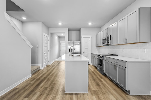 kitchen with sink, appliances with stainless steel finishes, gray cabinetry, tasteful backsplash, and a center island with sink