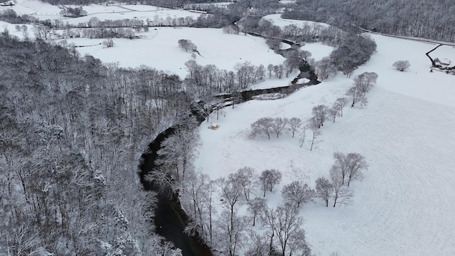 snowy aerial view with a water view