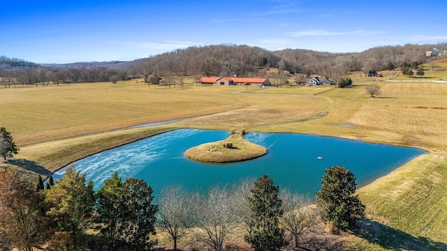 drone / aerial view featuring a rural view and a water view