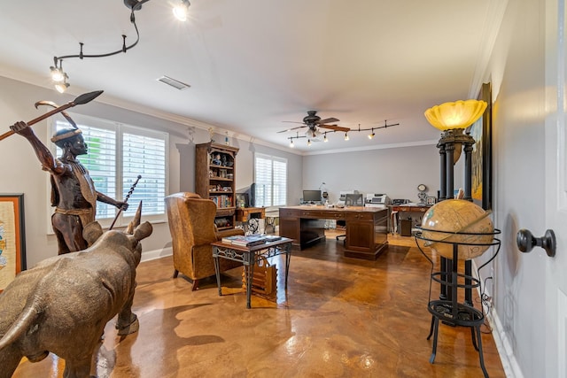 living room featuring ceiling fan and ornamental molding