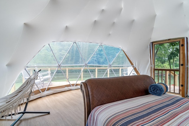 bedroom with wood-type flooring and multiple windows