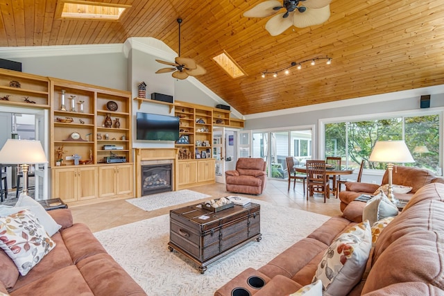 living room with wood ceiling, a skylight, high vaulted ceiling, and light tile patterned floors