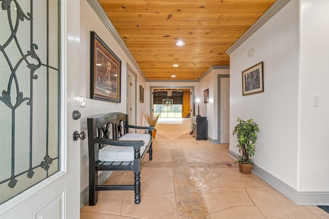 hall featuring crown molding and wood ceiling